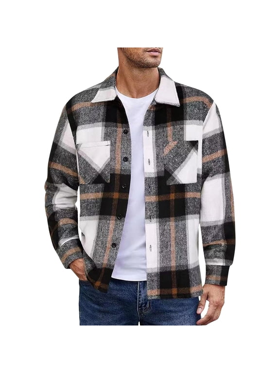 Men's Flannel Cardigan Shirt Cotton Plaid Long Sleeve Jacket Fall Winter Button Casual Tops with Pocket Gray S