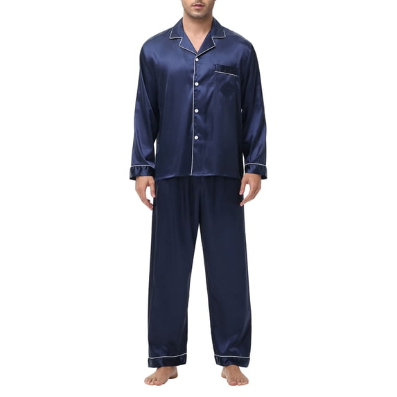 Fmbrln Men's Pajama Sets Button Down Long Sleeve Tops with Chest Pocket and Long Pants 2 Piece Set Fall Winter Fashion Comfy Sleepwear Navy XL