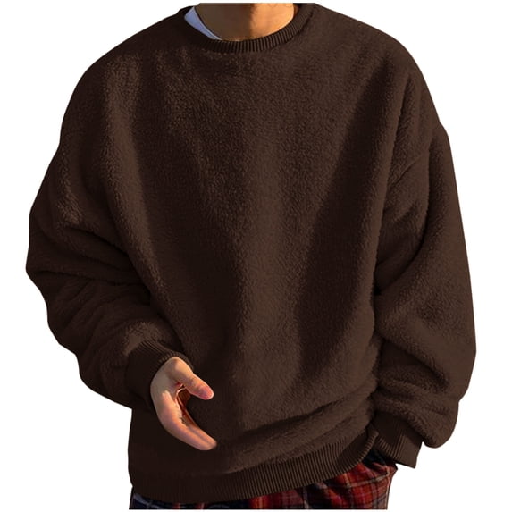 Fmbrln Men's Fleece Crew Neck Sweatshirt Long Sleeve Solid Color Shirts Fall Winter Casual Fashion Warm Pullover Tops Brown M