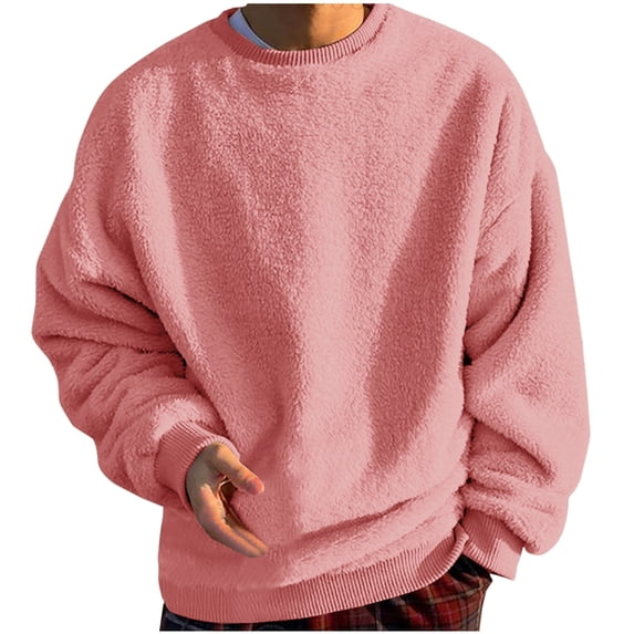 Fmbrln Men's Fleece Crew Neck Sweatshirt Long Sleeve Solid Color Shirts Fall Winter Casual Fashion Warm Pullover Tops Pink S