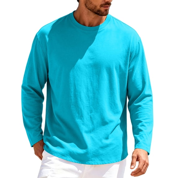 Fmbrln Men's Long Sleeve Shirts Solid Color Crew Neck T Shirts Fall Fashion Loose Comfy Pullover Tops Cyan 2XL
