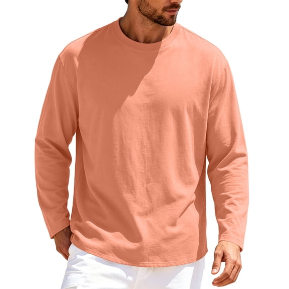 Fmbrln Men's Long Sleeve Shirts Solid Color Crew Neck T Shirts Fall Fashion Loose Comfy Pullover Tops Orange L