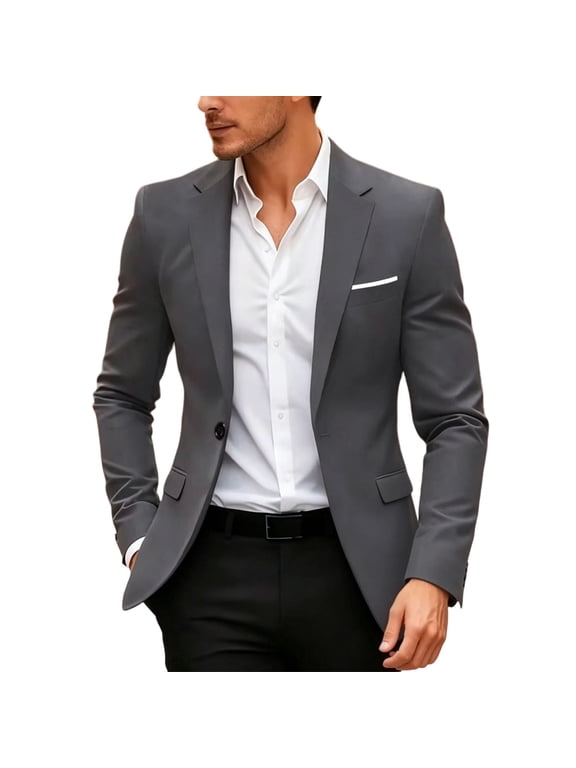 Men's One Button Blazer Summer Fall Long Sleeve Suit Jackets Solid Color Casual Tops with Pocket Gray L