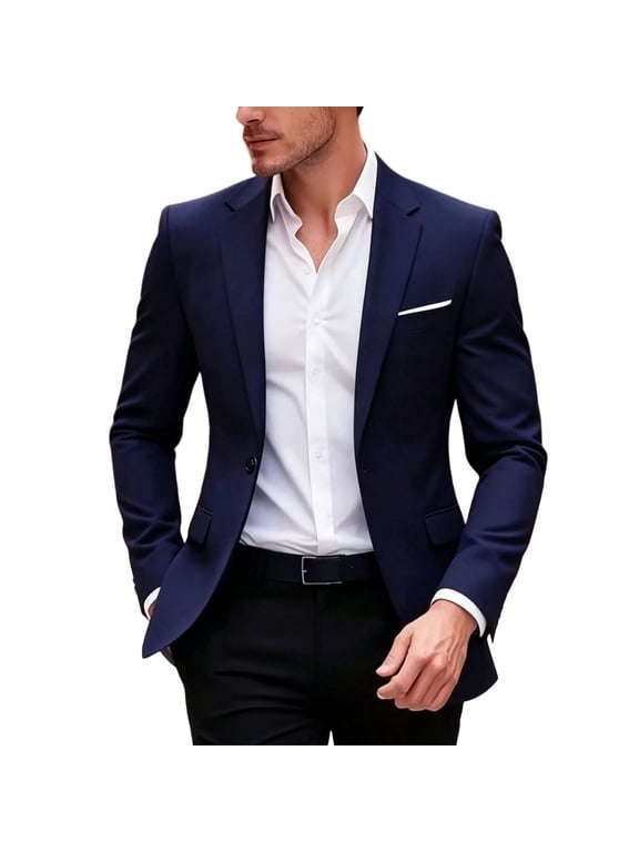 Men's One Button Blazer Summer Fall Long Sleeve Suit Jackets Solid Color Casual Tops with Pocket Navy M