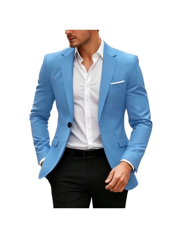 Men's One Button Blazer Summer Fall Long Sleeve Suit Jackets Solid Color Casual Tops with Pocket Sky Blue XL