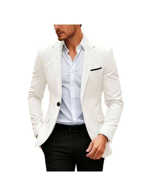 Men's One Button Blazer Summer Fall Long Sleeve Suit Jackets Solid Color Casual Tops with Pocket White XL