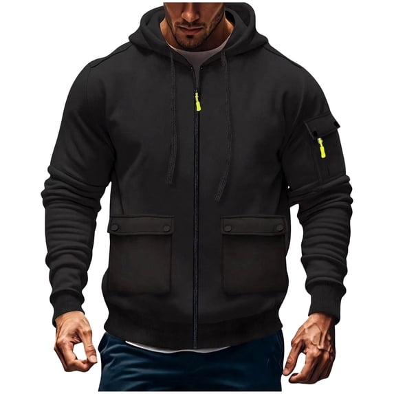 Fmbrln Men's Solid Color Drawstring Hoodie Long Sleeve Zip Up Hooded Sweatshirt Fall Winter Fashion Jacket with Pockets Black M