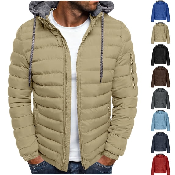 Fmbrln Men's Solid Color Hooded Puffer Padded Jacket Zip Up Warm Winter Cotton Coat Casual Lightweight Insulated Outerwear with Pockets