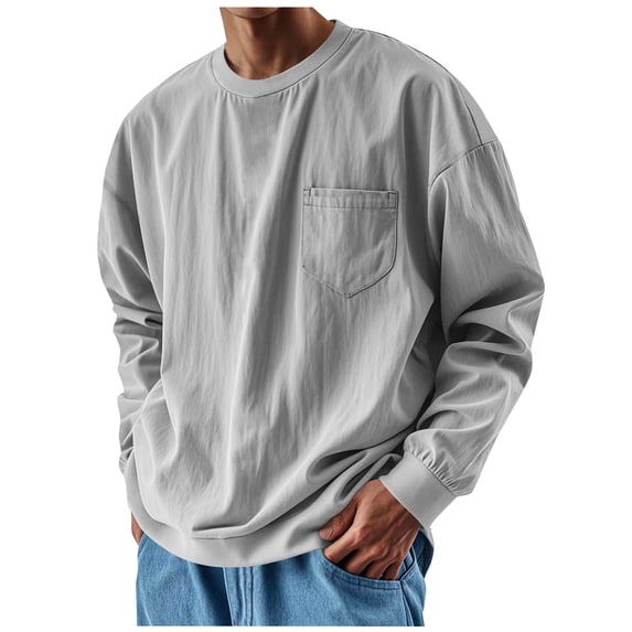 Fmbrln Men's Solid Color Shirts Long Sleeve Crew Neck Loose T Shirts with Pocket Fall Winter Casual Pullover Tops Gray M