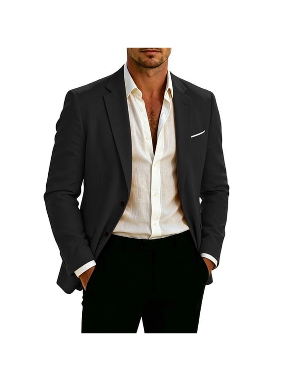 Men's Two Button Blazer Long Sleeve Solid Color Suit Jackets Fall Winter Comfy Lightwieght Business Work Blazer with Pockets Black 3XL