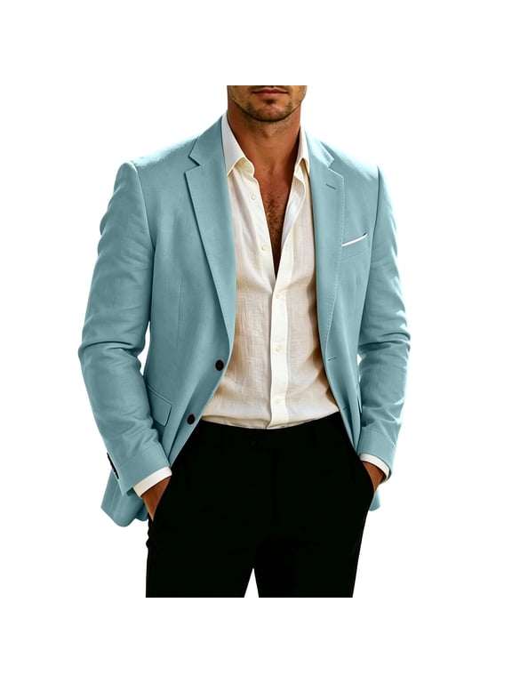 Men's Two Button Blazer Long Sleeve Solid Color Suit Jackets Fall Winter Comfy Lightwieght Business Work Blazer with Pockets Blue M