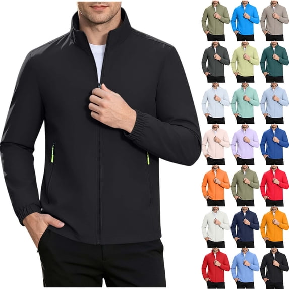 Fmbrln Men's Zip Up Softshell Jacket Stand Collar Casual Outerwear Long Sleeve Solid Color Coat with Pockets
