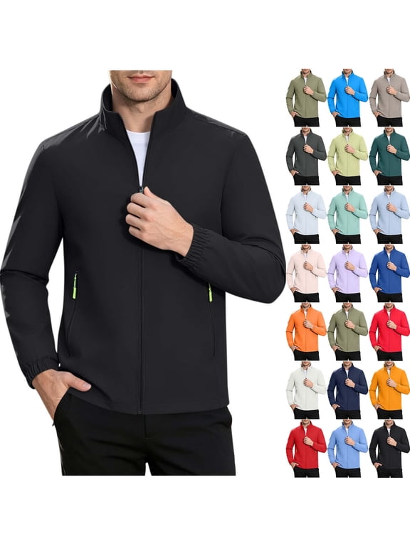Men's Zip Up Softshell Jacket Stand Collar Casual Outerwear Long Sleeve Solid Color Coat with Pockets