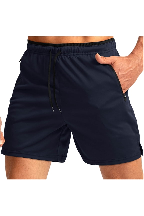 Mens Athletic Training Shorts Quick Dry Mesh Gym Workout Shorts Running Shorts with Zipper Pockets Navy L