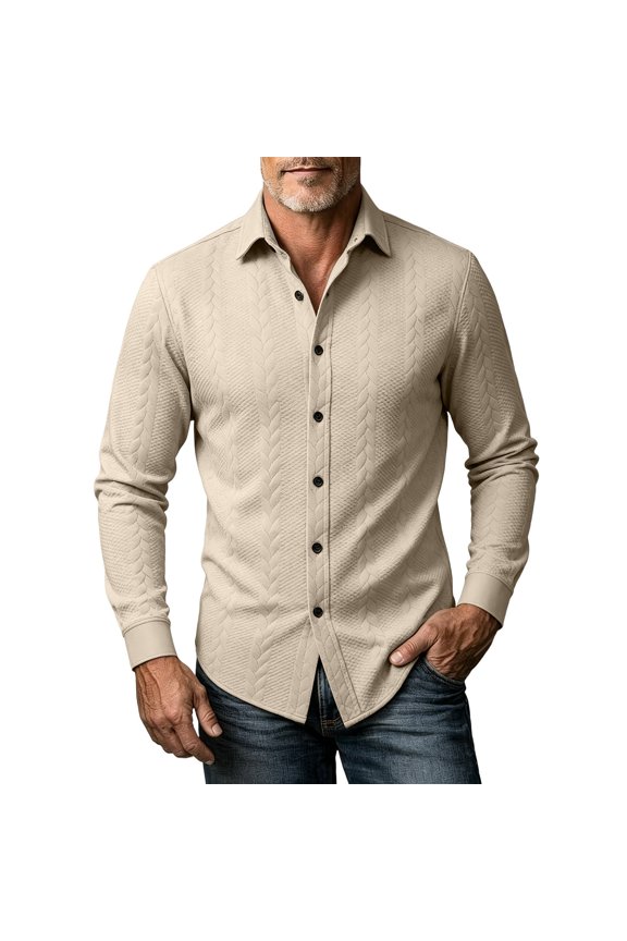 Mens Button Down Collar Shirts Long Sleeve Solid Color Shirts Fall Winter Casual Textured Tops Khaki M