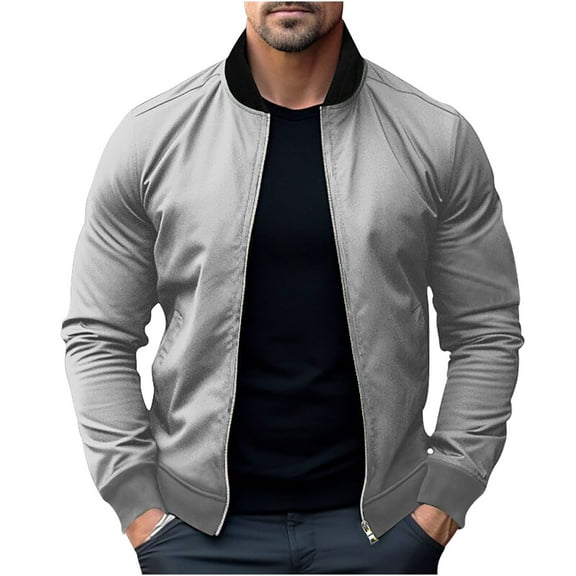Fmbrln Mens Casual Lightweight Jackets Coat Full Zip Up Long Sleeve Stand Up Collar Cropped Jackets Fall Fashion Outwear with Pockets Gray 3XL