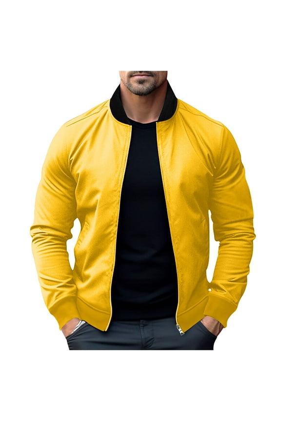 Mens Casual Lightweight Jackets Coat Full Zip Up Long Sleeve Stand Up Collar Cropped Jackets Fall Fashion Outwear with Pockets Yellow 2XL