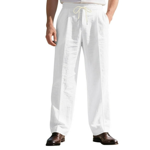 Fmbrln Mens Casual Pants Drawstring Elastic Waist Work Pants Lounge Wide Leg Pants Lightweight Breathable Beach Pants with Pockets White L