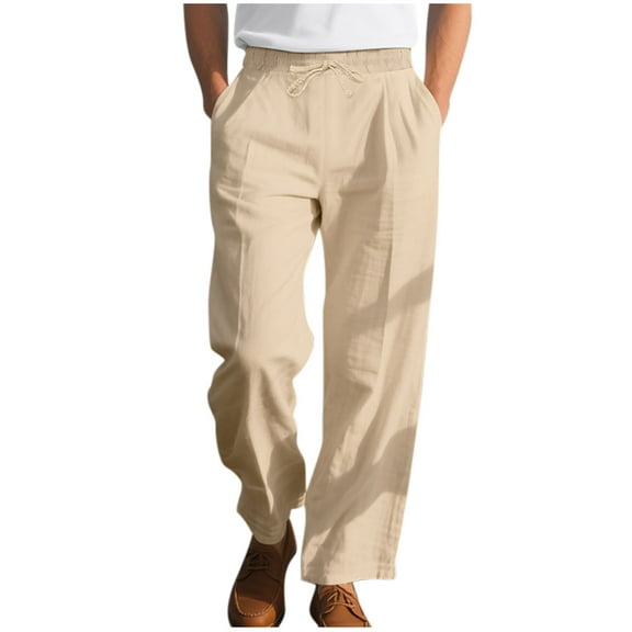 Fmbrln Mens Casual Solid Pants Drawstring Elastic Waist Work Pants Lounge Wide Leg Pants Beach Pants with Pockets Khaki XL