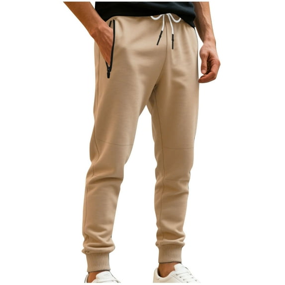 Fmbrln Mens Casual Sweatpants Drawstring Elastic Waist Running Athletic Joggers Pants Loose Comfy Solid Color Sweatpants with Zipper Pockets Khaki M