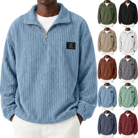 Fmbrln Mens Corduroy Quarter Zip Sweatshirt Stand Collar Long Sleeve Solid Color Shirts Fall Winter Fashion Pullover Tops with Chest Patch Label Navy M