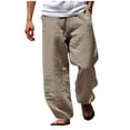 thumbnail image 1 of Fmbrln Mens Cotton Linen Drawstring Pants Summer Casual Loose Beach Pants Lounge Pants Lightweight Comfy Pockets Trousers Beige 3XL, 1 of 4
