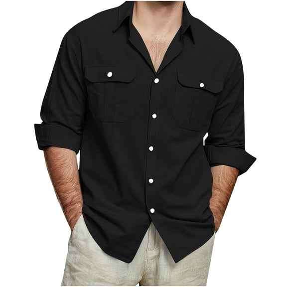 Fmbrln Mens Cotton Linen Long Sleeve Shirts Summer Casual Button Shirts Holiday Beach Shirts with Pockets Black 2XL