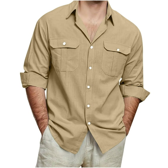 Fmbrln Mens Cotton Linen Long Sleeve Shirts Summer Casual Button Shirts Holiday Beach Shirts with Pockets Khaki 3XL