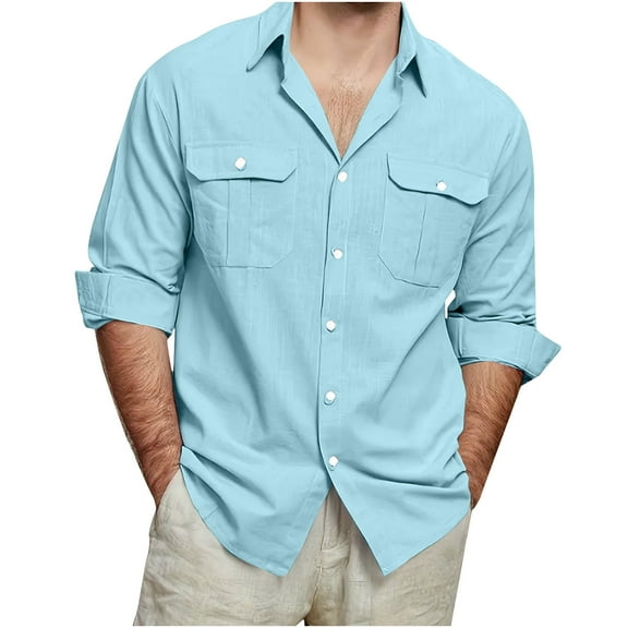 Fmbrln Mens Cotton Linen Long Sleeve Shirts Summer Casual Button Shirts Holiday Beach Shirts with Pockets Sky Blue XL