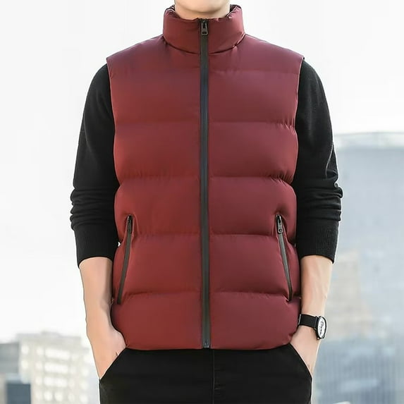 Fmbrln Mens Fashion Puffer Vest Casual Stand Collar Sleeveless Padded Jacket Winter Warm Coat Red 3XL