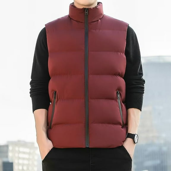 Fmbrln Mens Fashion Puffer Vest Casual Stand Collar Sleeveless Padded Jacket Winter Warm Coat Red 4XL