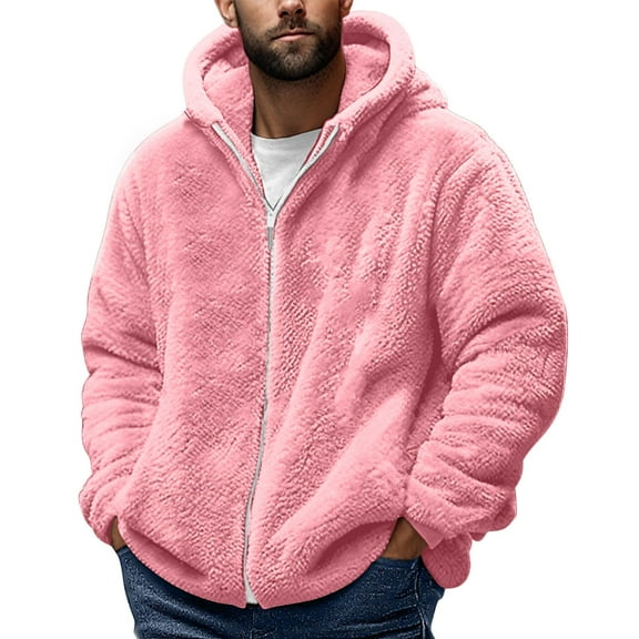 Fmbrln Mens Fleece Jackets Fashion Casual Full Zip Up Hoodies Fall Winter Warm Hooded Coat Trendy Outwear Pink 4XL