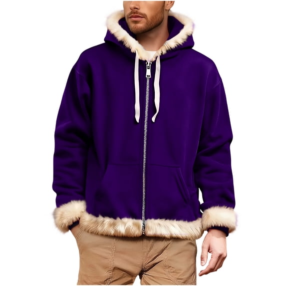 Fmbrln Mens Fleece Jackets Full Zip Up Long Sleeve Hooded Jackets Fashion Christmas Color Block Warm Coat with Pockets