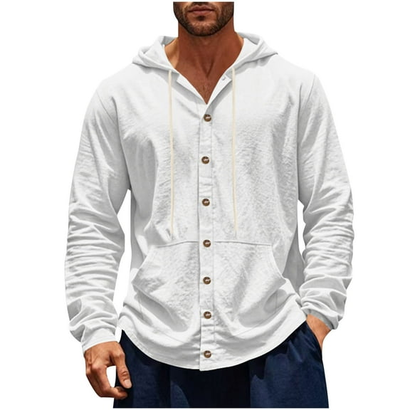 Fmbrln Mens Full Button Linen Hoodies Fall Fashion V Neck Long Sleeve Shirts Casual Loose Solid Color Jacket with Pockets White M