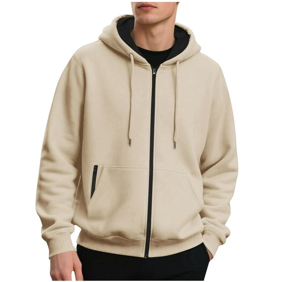 Fmbrln Mens Full Zip Up Fleece Hoodies Casual Long Sleeve Solid Color Hooded Sweatshirts Loose Comfy Workout Athletic Coat with Pockets Khaki S