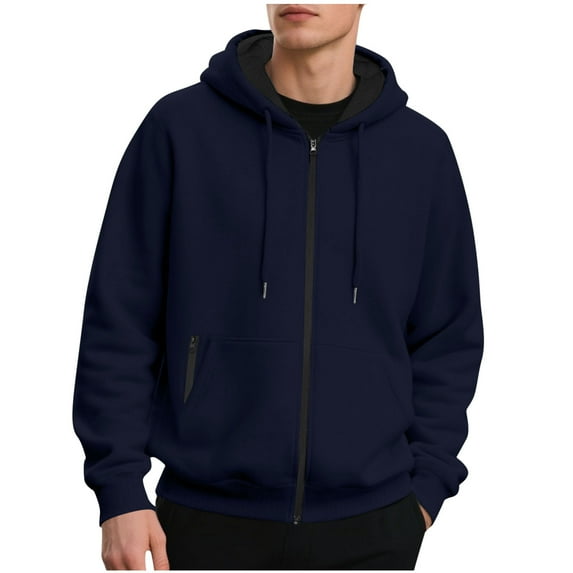 Fmbrln Mens Full Zip Up Fleece Hoodies Casual Long Sleeve Solid Color Hooded Sweatshirts Loose Comfy Workout Athletic Coat with Pockets Navy 2XL