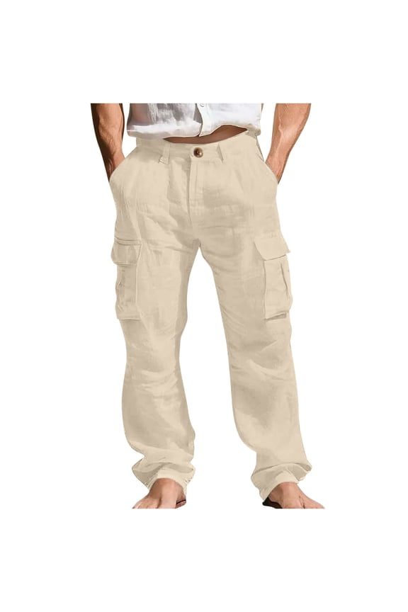 Mens Linen Cargo Pants Button Elastic Waist Multipockets Work Pants Summer Casual Loose Lightweight Trousers