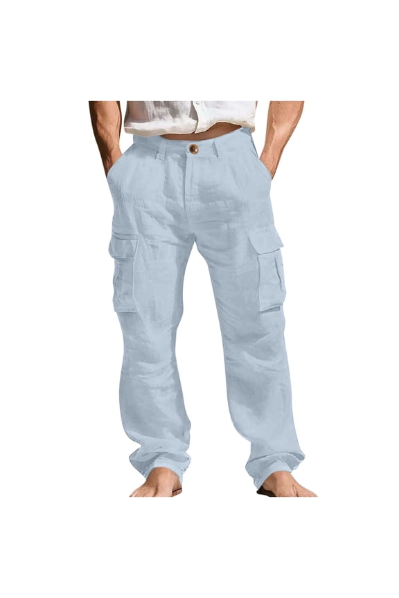 Mens Linen Cargo Pants Button Elastic Waist Multipockets Work Pants Summer Casual Loose Lightweight Trousers
