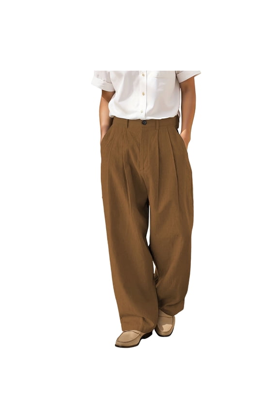 Mens Linen Suit Pants Fashion Button Elastic Waist Work Pants Casual Dressy Office Business Pants with Pockets