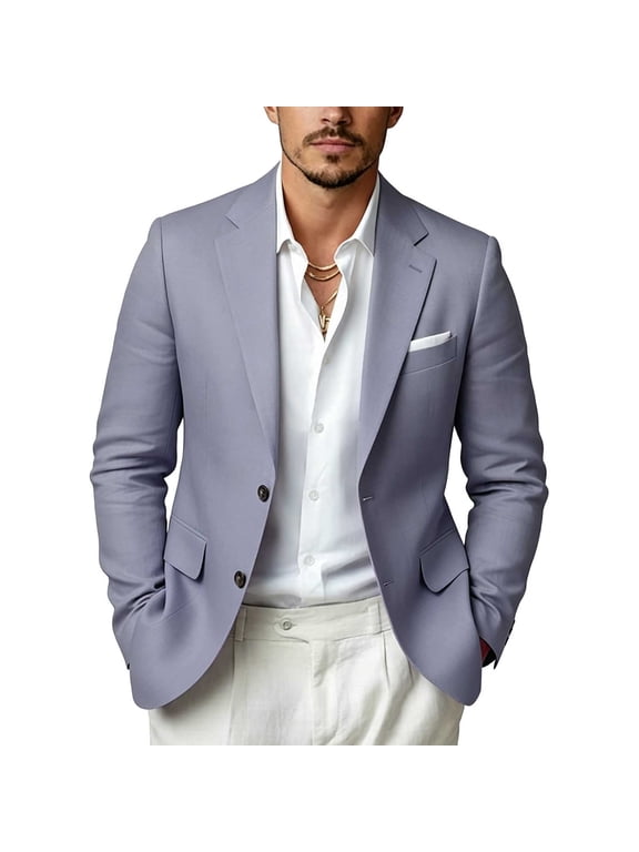 Mens Long Sleeve Casual Blazer Summer Fall Solid Color Suit Jackets Two Button Fashion with Pocket Gray XXS