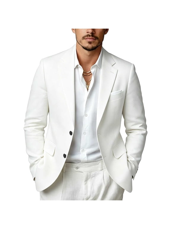 Mens Long Sleeve Casual Blazer Summer Fall Solid Color Suit Jackets Two Button Fashion with Pocket White XXS