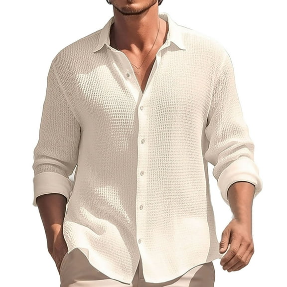 Fmbrln Mens Long Sleeve Shirts Fashion Casual Turndown Collar Button Solid Color Tops Loose Comfy Shirts Khaki 3XL