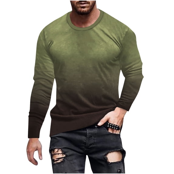 Fmbrln Mens Long Sleeve Shirts Gradient Color Crew Neck Pullover Tops Fall Winter Casual T shirts Army Green XL