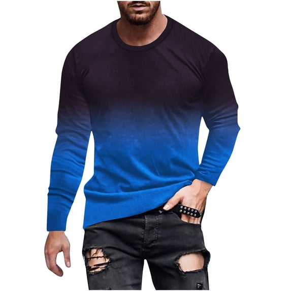 Fmbrln Mens Long Sleeve Shirts Gradient Color Crew Neck Pullover Tops Fall Winter Casual T shirts Blue L