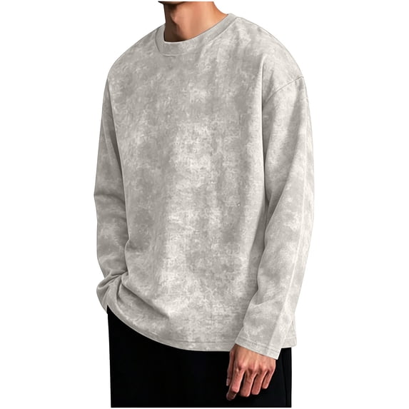 Fmbrln Mens Long Sleeve Shirts Vintage Washed Crew Neck T Shirts Loose Comfy Fashion Pullover Tops Beige 5XL