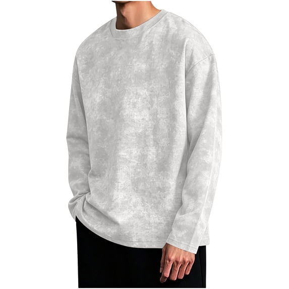 Fmbrln Mens Long Sleeve Shirts Vintage Washed Crew Neck T Shirts Loose Comfy Fashion Pullover Tops White M