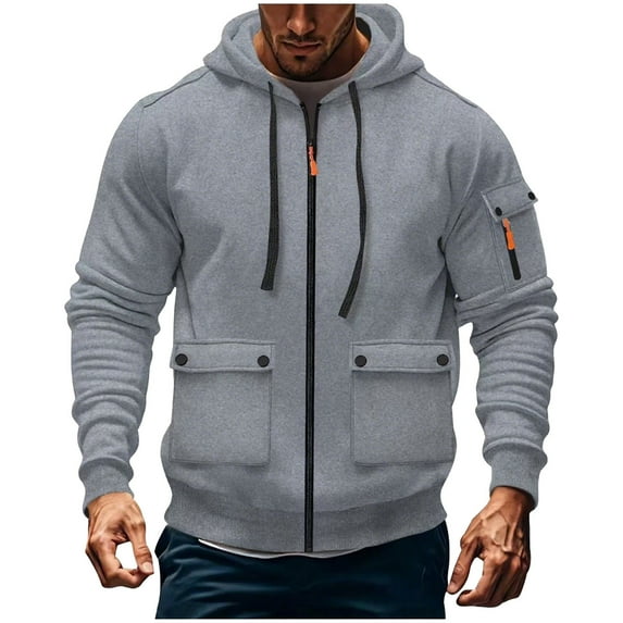 Fmbrln Mens Multipockets Cargo Hoodies Full Zip Up Long Sleeve Solid Hooded Sweatshirts Fall Winter Trendy Coat Gray 2XL