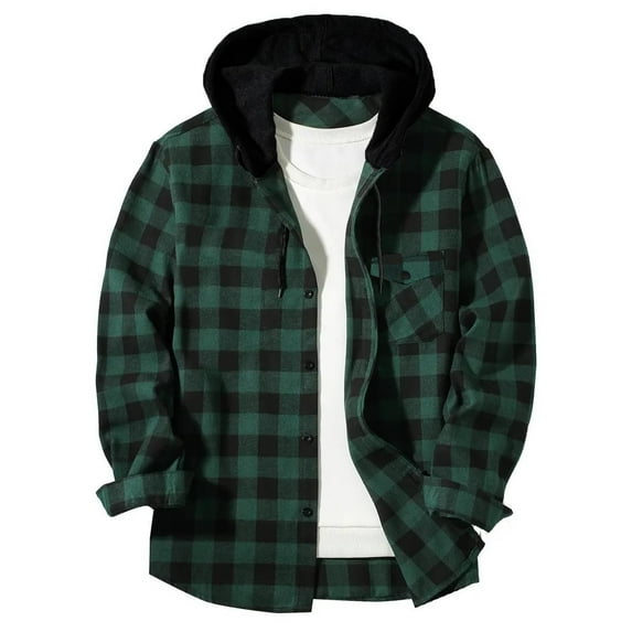 Fmbrln Mens Plaid Jackets Fashion Casual Long Sleeve Full Button Hoodies Fall Winter Warm Hooded Coat with Pockets Trendy Outwear Army Green XL
