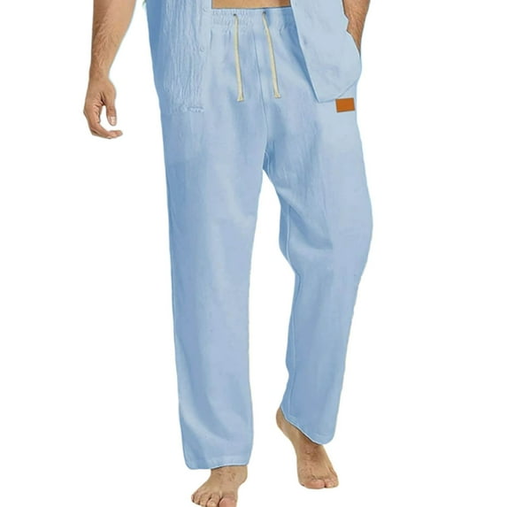 Fmbrln Mens Plus Size Casual Pants Drawstring Elastic Waist Solid Color Work Pants Lounge Straight Leg Pants Beach Pants with Pockets Blue S