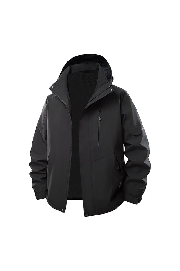 Mens Plus Size Casual Solid Jackets Waterproof Windproof Jackets with Removable Hood Lounge Outdoor Hiking Windbreaker Jackets with Zipper Pockets Black 4XL